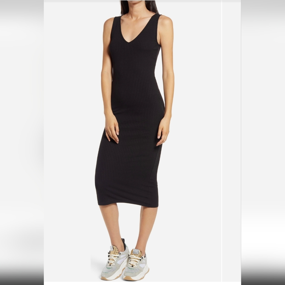 Black Sleeveless Ribbed Midi Dress